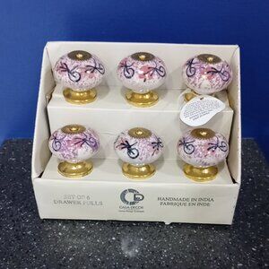 Casa Decor Premium Ceramic Set Of 6 Drawer Pulls Knobs White, Pink, Gold NIB